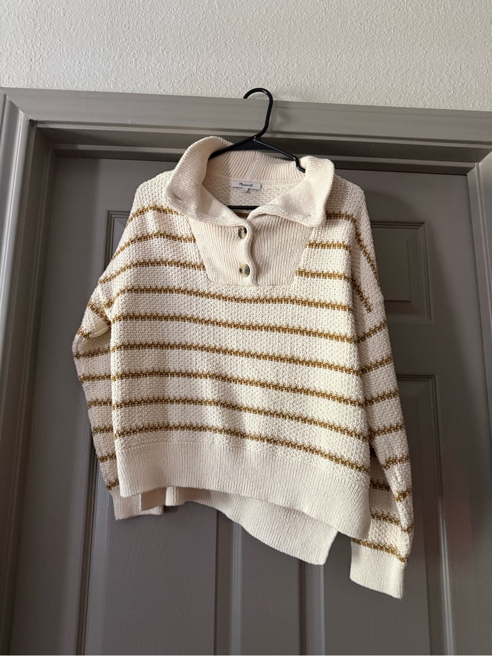 Madewell Cream Sweater with Gold Stripes and Button Collar